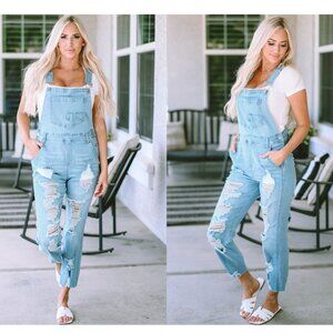 👖 Sky Blue Distressed Denim Overalls with Bib Pocket – Sizes S–M-L-XL
